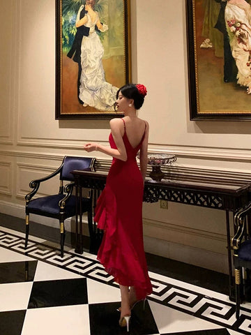 Niulatu High Low Spaghetti Straps Red Long Prom Dresses Birthday Outfits Evening Gown SD1004